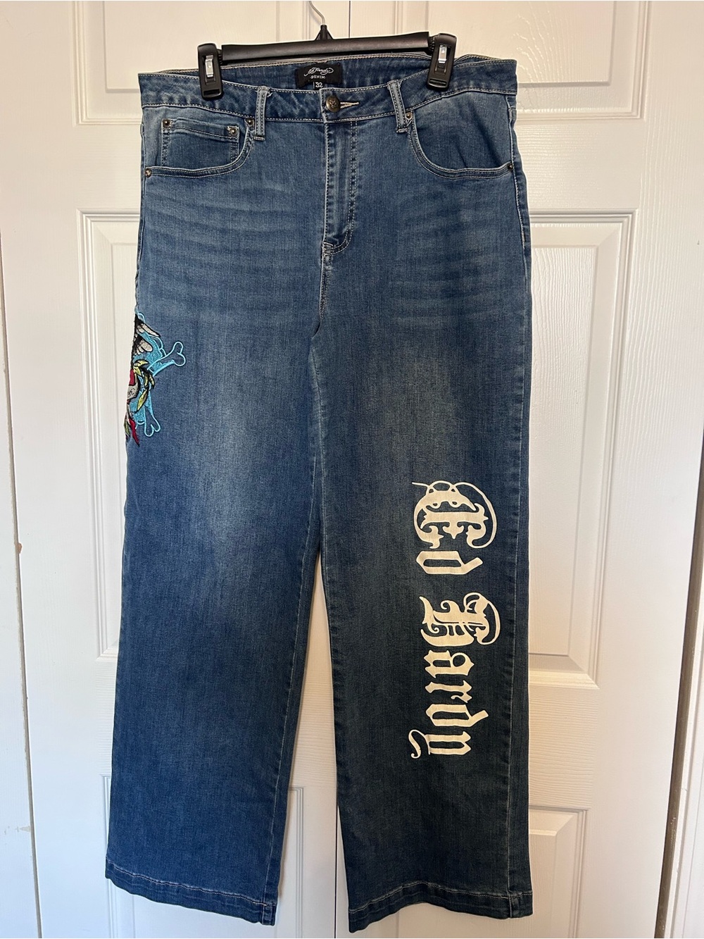 Ed Hardy Dark Blue Straight Jeans with White Script